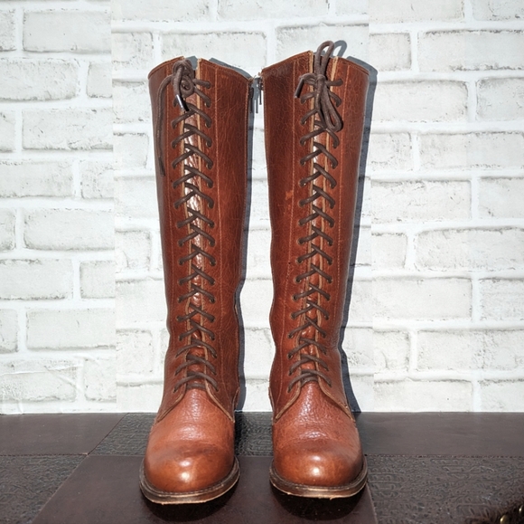 Vntg Frye Vienna Tall Brown Genuine Leather Lace Up Knee High Vintage Zip Boots - Picture 12 of 15